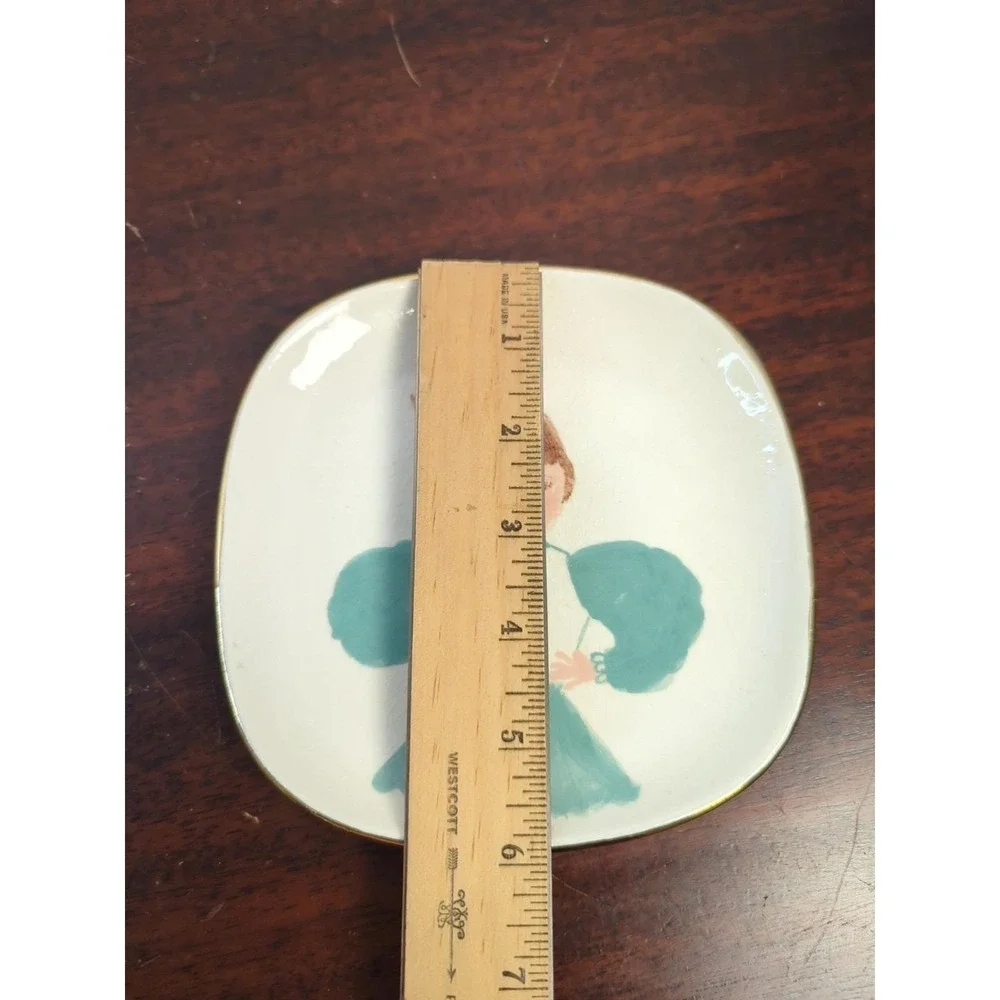 Vintage Little Girl Ceramic Trinket Dish Mid Century Nursery Plate Teal Gold